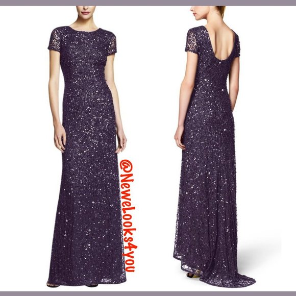 NEW‎ Adrianna Papell Scoop Back Sequin Gown in Amethyst Purple /Gunmetal [SZ 4 ]